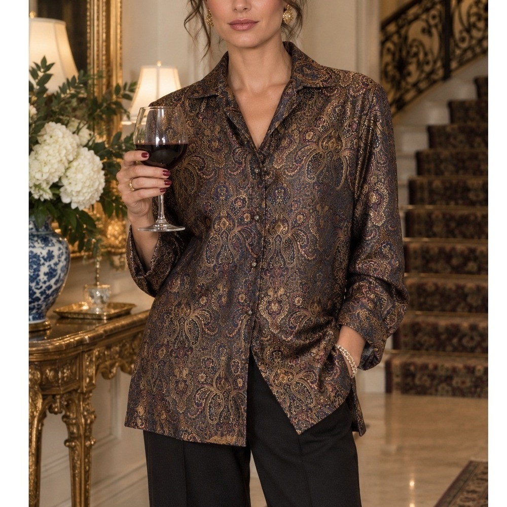 Chicos Vintage Bronze Metallic Paisley Brocade Tapestry Shacket Top 0/Small